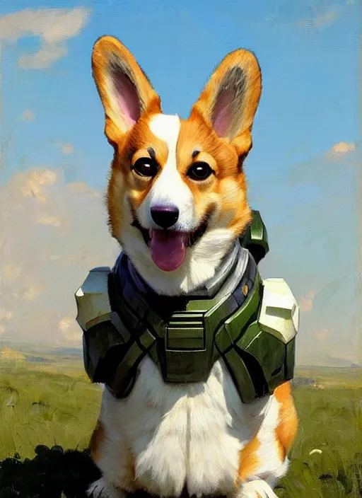 Prompt: Greg Manchess painting of a Corgi as Master Chief from Halo, countryside, calm, fantasy character portrait, dynamic pose, above view, sunny day, artwork by Jeremy Lipkin and Giuseppe Dangelico Pino and Michael Garmash and Rob Rey, very coherent asymmetrical artwork, sharp edges, perfect face, simple form, 100mm