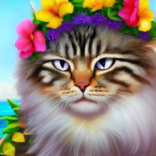 Image similar to oil painting portrait of a long haired fluffy cat wearing flower crown and lei necklace on tropical island background digital art, concept art, highly detailed, 3-D 4k, trending on art station, Mark Brooks,