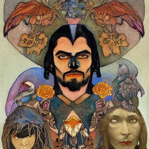 Image similar to the crow prince, by Annie Swynnerton!!!! and Nicholas Roerich! and (Edmund Dulac) and (((Diego Rivera))), embroidered brocade, tattoos, elaborate costume, geometric ornament, symbolist, rich colors, dramatic lighting, smooth, sharp focus, extremely detailed