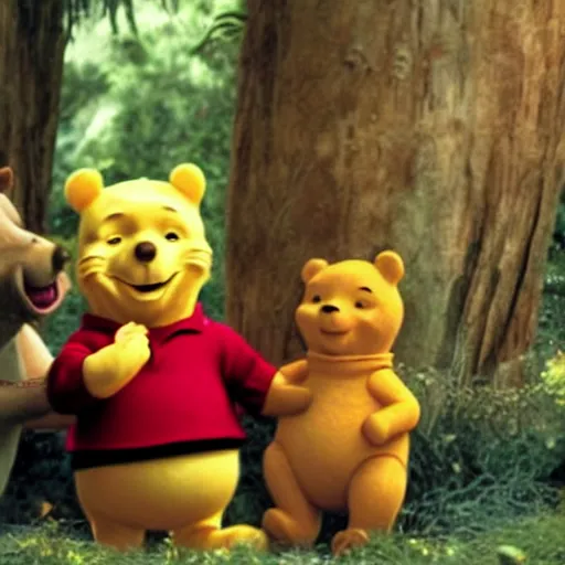 Prompt: A still of Keanu Reeves as Winnie the Pooh, happy