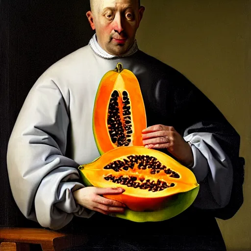 Prompt: A catholic priest with clothes made of papayas, papaya pattern clothes, papaya garments, art by Pieter Claesz, baroque, chiaroscuro