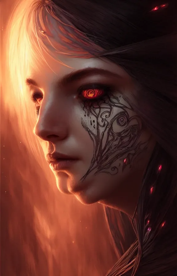 Image similar to Necromancer Sorceress face close-up macro in center, fantasy magic, undercut hairstyle, dark light night, intricate, elegant, sharp focus, illustration, highly detailed, digital painting, concept art, matte, art by WLOP and Artgerm and Greg Rutkowski and Alphonse Mucha, masterpiece