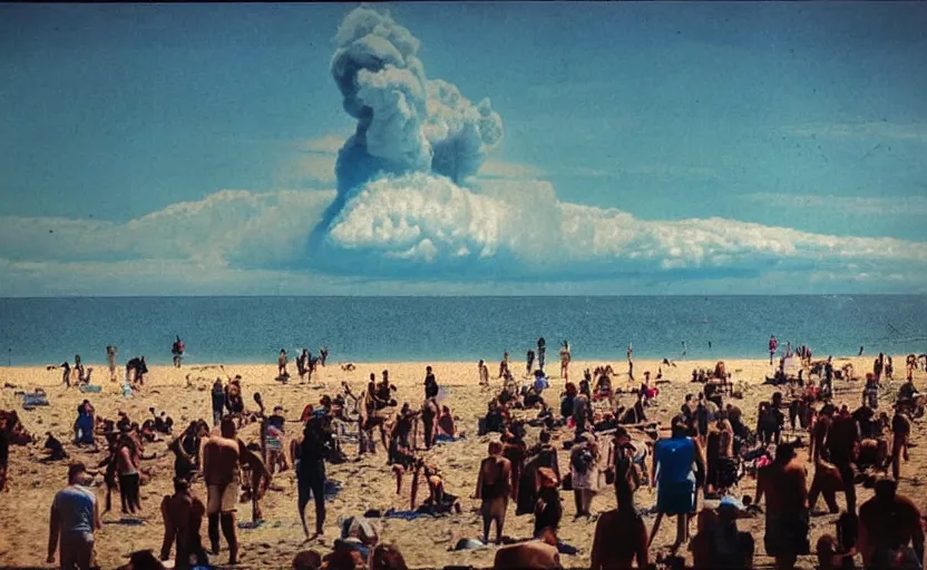 Prompt: sunny day at the beach blue sky nuclear explosion on the horizon and few people watching it war apocalyptic photorealistic
