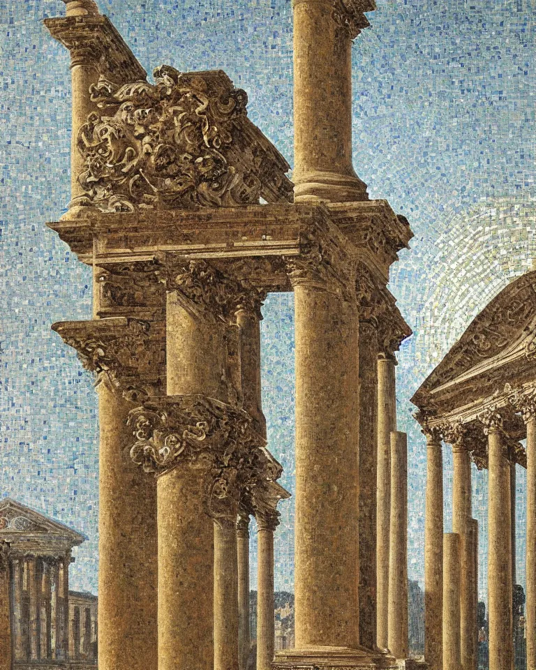 Image similar to achingly beautiful painting of intricate ancient roman corinthian capital on radiant mosaic background by rene magritte, monet, and turner. giovanni battista piranesi.