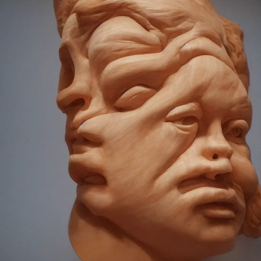 Prompt: hyperrealistic sculpture portrait of a stern woman's face carved out of a curly maple wood on a pedestal by duane hanson and donald judd, hyperrealistic dramatic colored lighting trending on artstation 8 k
