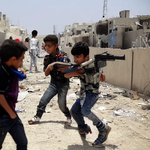 Image similar to kids in gaza strip fighting using digimons