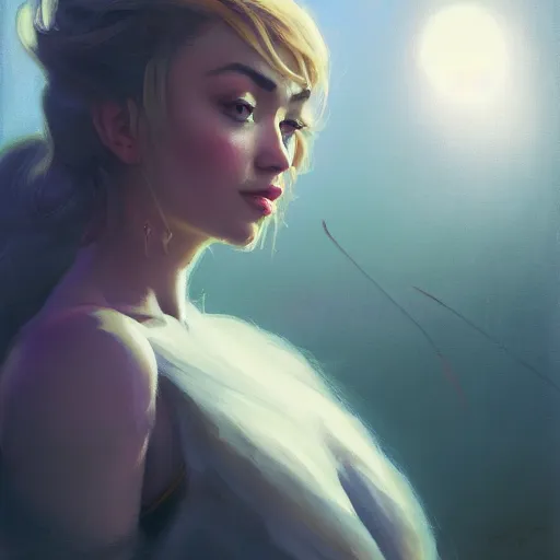 Prompt: side portrait of imogen poots, deathknight, matte painting, bold shapes, hard edges, octane render, trending on artstation, sickly green backlit glow, by greg manchess, huang guangjian, gil elvgren, sachin teng, greg rutkowski, jesper ejsing, ilya kuvshinov, cushart krenz