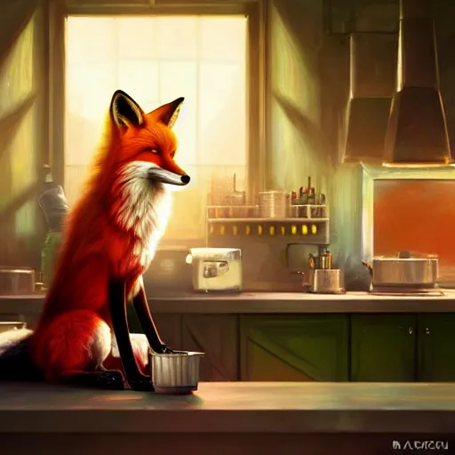 Image similar to a fox mixing chemicals in a kitchen, portrait, fantasy, beautiful face, vivid colors, elegant, concept art, sharp focus, digital art, hyper - realistic, 4 k, unreal engine, highly detailed, hd, dramatic lighting by brom, trending on artstation