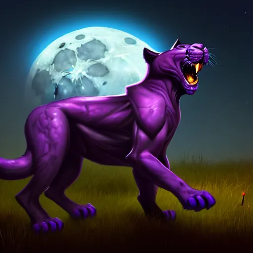 Image similar to concept art of a large purple panther at night roaring at the moon. digital drawing, illustration, 4 k, highly detailed, matte painting, artstation, artistic