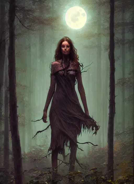 Image similar to leaves, cinematic lighting, realistic matte painting, close - up face portrait of a beautiful skinny woman as witch in front of the full big moon in a fantasy forest, by james gurney, greg rutkowski, highly detailed digital art, artstation