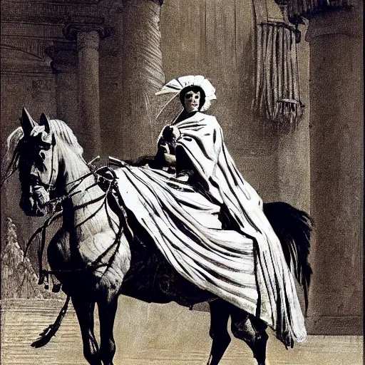 Image similar to by giovanni battista piranesi, by frederic remington 1 9 7 0 s era, cool subdued. a street art of a heroine riding on a magnificent red horse. traditional russian folk costume & headscarf. pale & beautiful, resolve in her eyes. horse's hooves churn up earth as they gallop, dark forest looms.