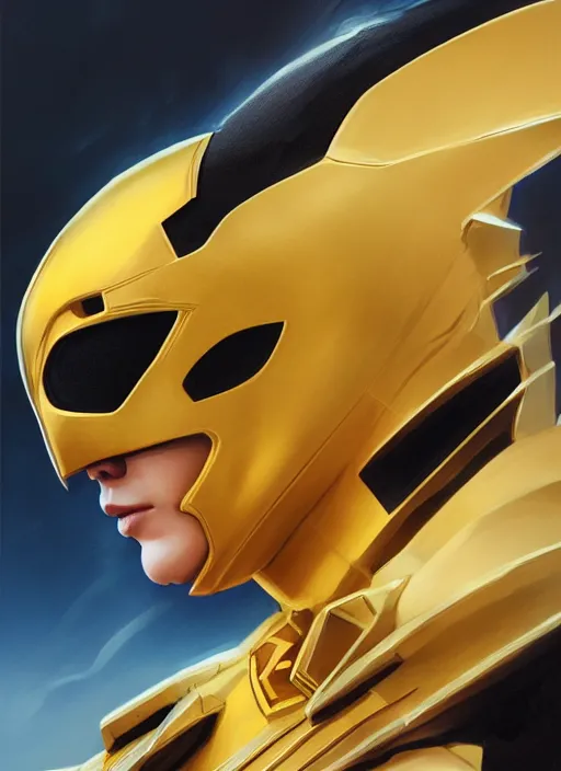 Prompt: portrait, head and torso only, yellow ranger, trending on artstation, concept art, movie poster, fine detail, extremely detailed, sharp focus, smooth, digital illustration, by rossdraws, frank franzzeta, sakimichan, corrected hand, perfect hands, 4 k