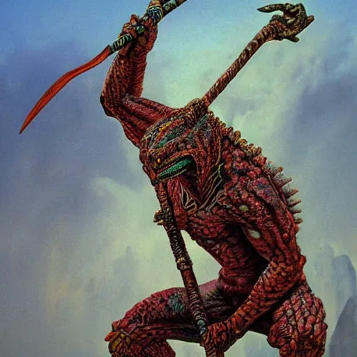 Image similar to tribal lizardman warrior concept, wielding aztec club, beksinski