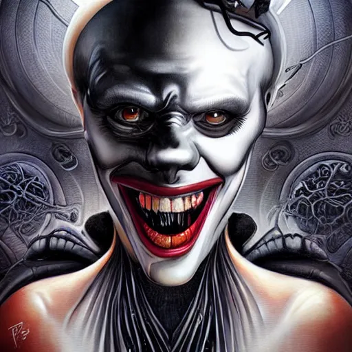 Image similar to giger spider joker portrait, pixar style, by tristan eaton stanley artgerm and tom bagshaw.