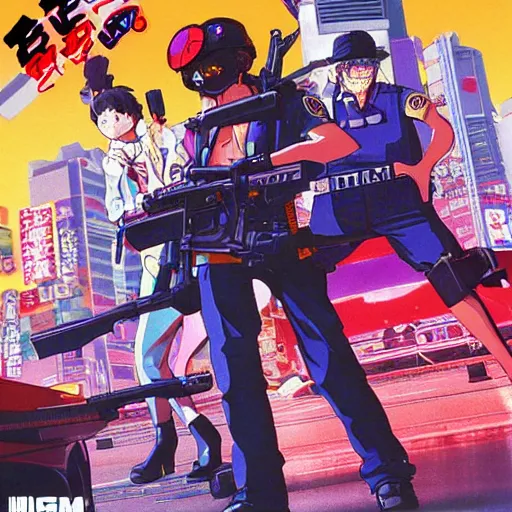 Prompt: 1993 Video Game Cover Art, Anime Neo-tokyo bank robbers vs police shootout, bags of money, Police Shot, Violent, Action, MP5S, FLCL, Highly Detailed, 8k :4 by Katsuhiro Otomo : 8