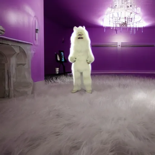 Image similar to A photo of a white fur monster standing in a purple room