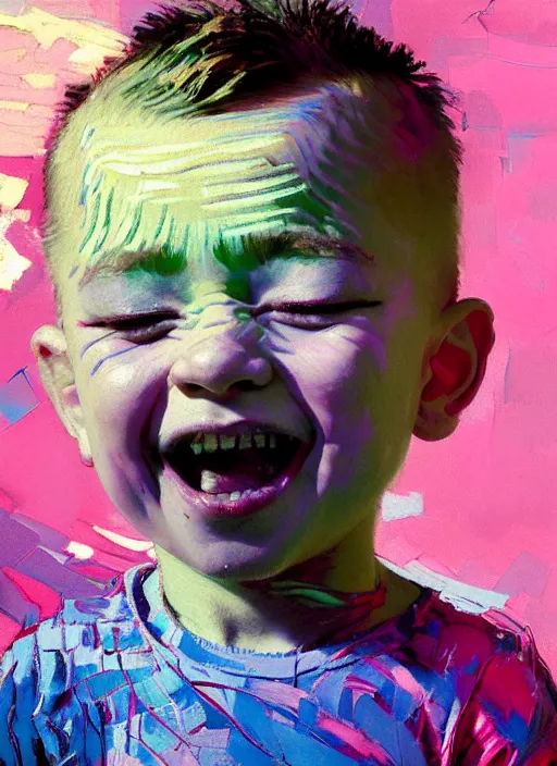 Image similar to portrait of a beautiful little boy, smiling, ecstatic, dancing, eyes closed, open mouth, shades of pink and blue, beautiful face, rule of thirds, intricate outfit, spotlight, by greg rutkowski, by jeremy mann, by francoise nielly, by van gogh, digital painting
