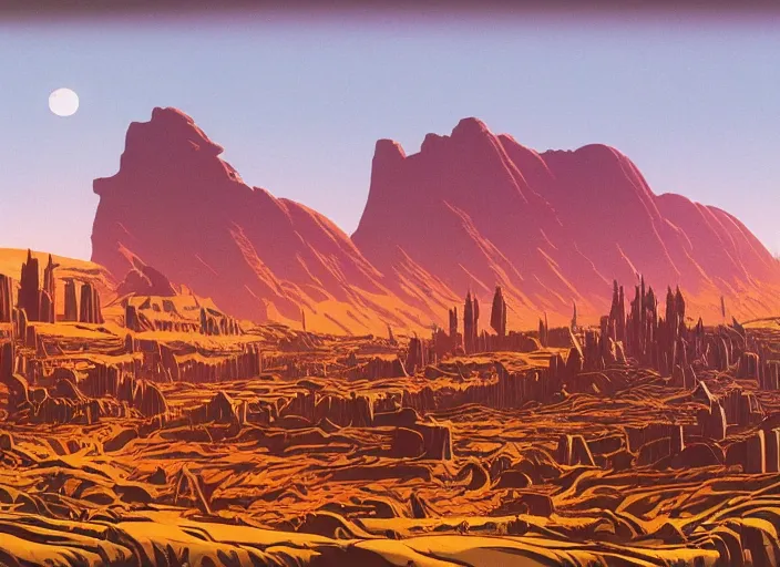 Image similar to ground view of a future city surrounded by mountains. style by peter elson and eyvind earle.