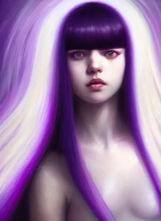 Image similar to hair whitebangs hair, black hair, whitebangs, portrait of teenage girl with white bangs, red irises, purple clothes, white bangs, bangs are different color from hair, intricate, elegant, glowing lights, highly detailed, digital painting, artstation, concept art, smooth, sharp focus, illustration, art by wlop, mars ravelo and greg rutkowski