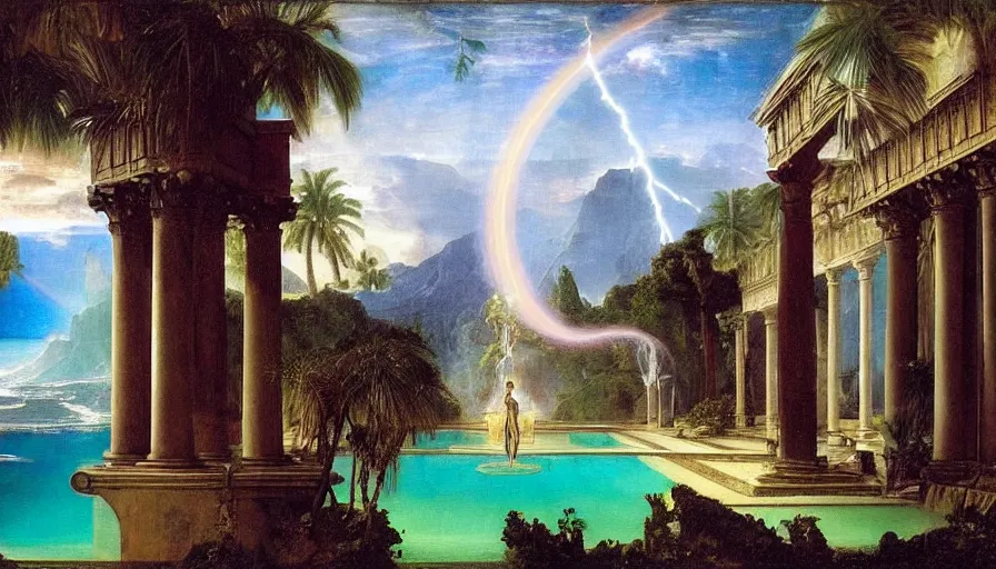 Image similar to Inside the Palace of the occult, mediterranean balustrade and columns, refracted sparkles, thunderstorm, greek pool, beach and Tropical vegetation on the background major arcana sky and occult symbols, by paul delaroche, hyperrealistic 4k uhd, award-winning, very detailed paradise