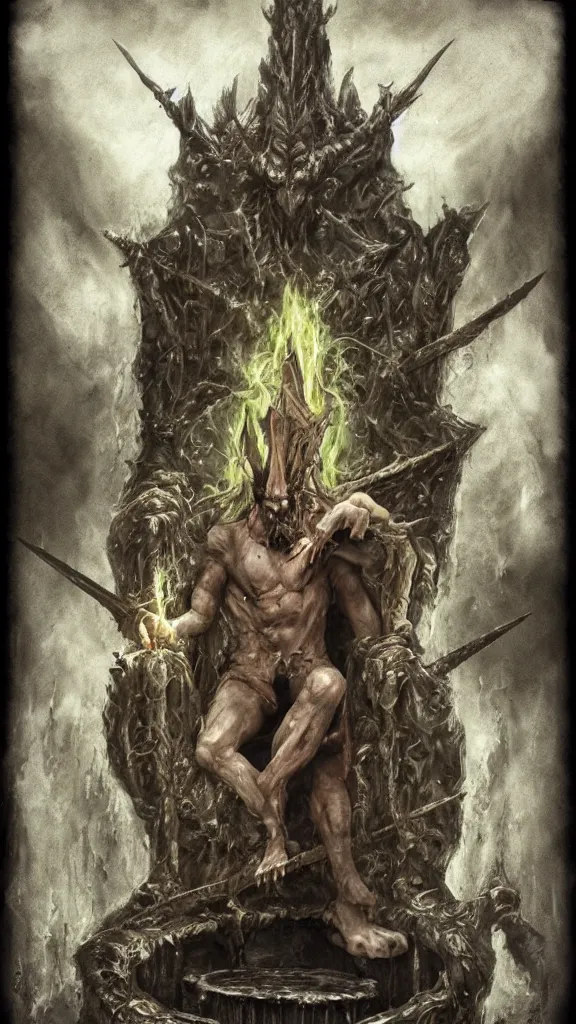 Image similar to the pisslord on his puddle throne, photorealistic, hyperrealistic, d & d, dungeons and dragons, dark fantasy art, satanic, urine, evil, regal, ( surreal )