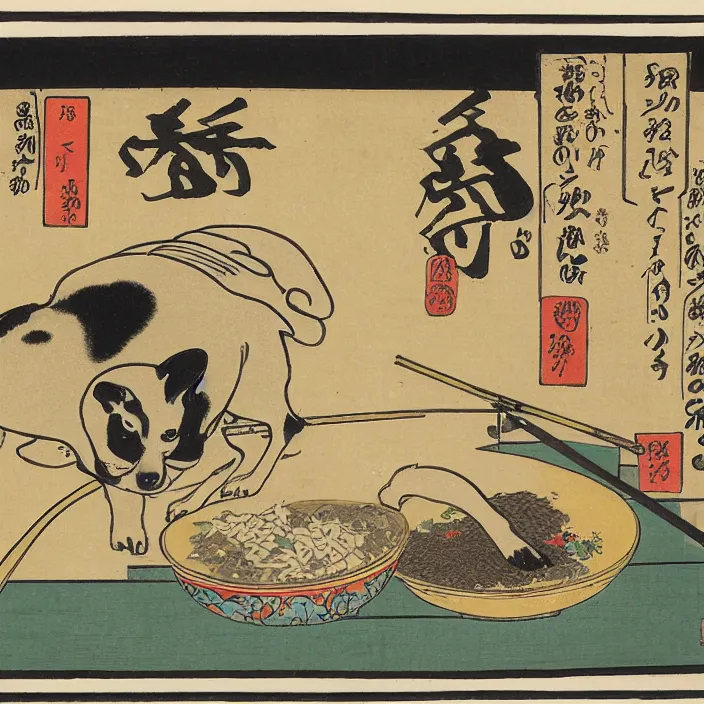 Prompt: a shiba inu samurai eating a bowl of rice, artwork on loan from the historical dog society of japan, by Utagawa Kuniyoshi