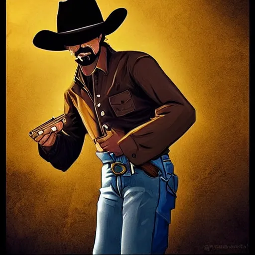 Prompt: a cowboy wearing a cowboy hat and shooting a revolver into the air. digital art. trending on artstation.