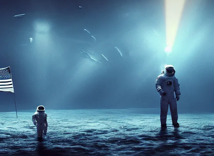 Image similar to astronaut holding a flag in an underwater desert. a submarine is visible in the distance. dark, concept art, cinematic, dramatic, atmospheric, 8 k, trending on artstation, blue, fish, low visibility, light rays, extremely coherent, bubbles, fog, ocean floor, christopher nolan, interstellar