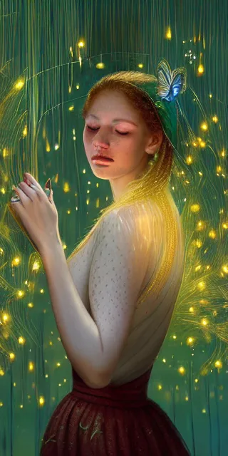 Image similar to young woman surrounded by golden firefly lights in a mesmerizing scene, amidst nature fully covered by a intricate detailed dress, long loose red hair, precise linework, accurate green eyes, small nose with freckles, smooth oval shape face, empathic, bright smile, expressive emotions, hyper realistic ultrafine art by artemisia gentileschi, jessica rossier, boris vallejo