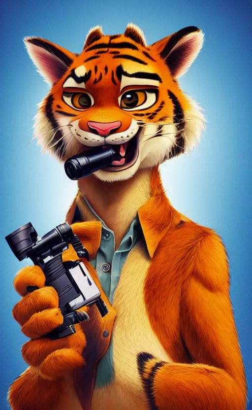 Image similar to “portrait of tiger in the style of the movie zootopia holding a laser gun, with a dark background behind him”