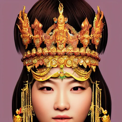 Image similar to an asian female goddess, ornate, headpiece, 8 k, photorealistic, intrinsic details, trending in artstation