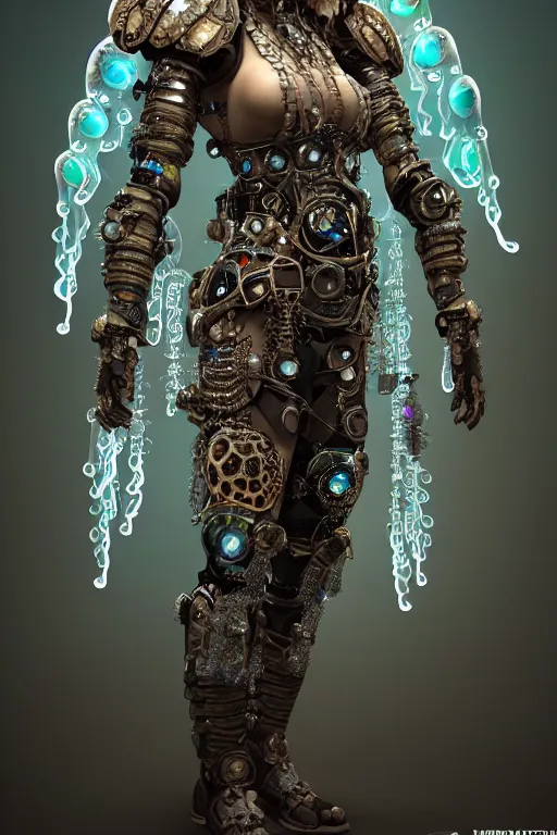 Prompt: a centered render of a majestic post apocalyptic cyborg warrior wearing armour gemstones and crystals and leather clothing surrounded by bio - luminescent jellyfish and sacred geometry, cinematic, beautifully lit, by artgerm, by donato giancola, by viktoria gavrilenko 3 d, trending on artstation, octane render, 8 k