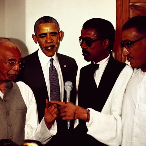 Image similar to Barack Obama having a rap battle against Ghandi, historical photo, 1962