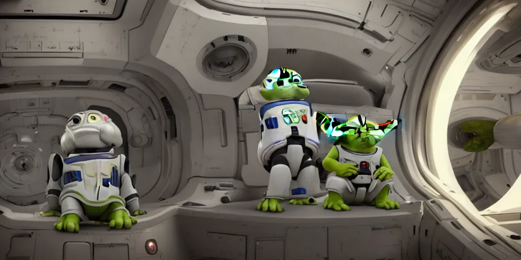 Image similar to a 3 d rendered movie still, wide - angle shot, 1 0 0 meter in the distance, baby yoda wearing a spacesuit, and exploring cosmos in a super awesome space ship. dramatic lighting, imax, 7 0 mm. science fiction blockbuster movie, buzz lightyear.