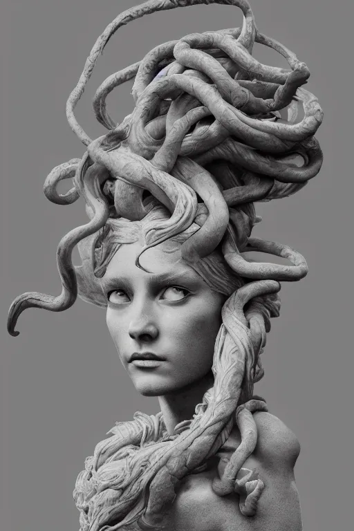 Image similar to A portrait of medusa as a stone statue by Greg Rutkowski, Sung Choi, Mitchell Mohrhauser, Maciej Kuciara, Johnson Ting, Maxim Verehin, Peter Konig, Bloodborne , 8k photorealistic, cinematic lighting, HD, high details, dramatic, atmospheric , trending on artstation