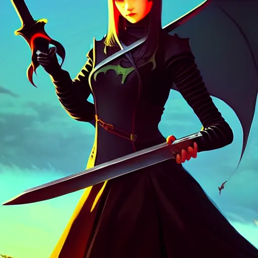 Image similar to a woman holding a sword with a dragon on it, concept art by Ilya Kuvshinov, contest winner, fantasy art, official art, concept art, high detail, experimental, high quality, hyperrealistic, 4k