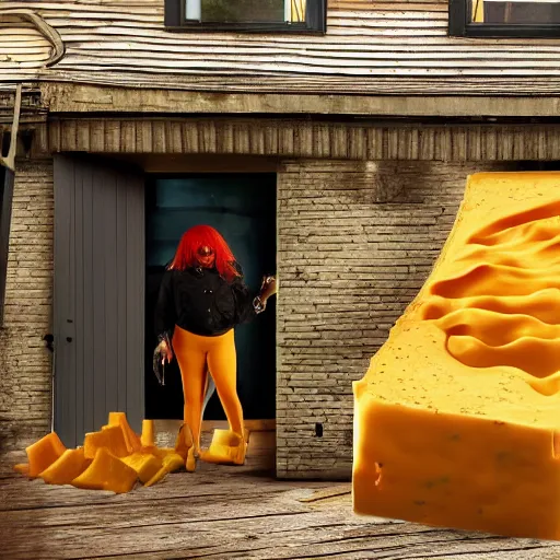 Image similar to house covered in melted cheese getting eaten by lizzo, 8 k, 4 k uhd, realistic, super detailed, very detailed, detailed