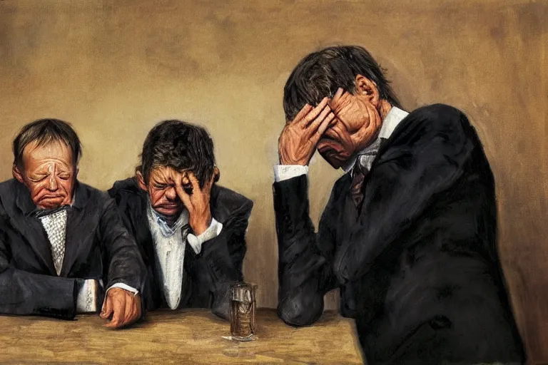 Image similar to a portrait of the three richest men in the world, crying. by anne leibovitz