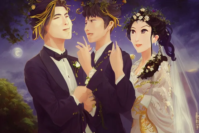 Image similar to a cinematic portrait of wedding photograph jpeg close up moment of a divine a japan sun god and moon goddess lovers magician at a wedding banquet. portraiture. digital painting. artstation. concept art. wedding photo. digital painting. violet evergarden art masterpiece by art by krenz cushart