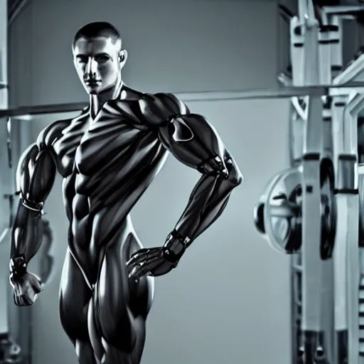 Image similar to a realistic detailed photo of a bodybuilder who is also a male android andrei deiu, shiny skin, posing robotically, blank stare