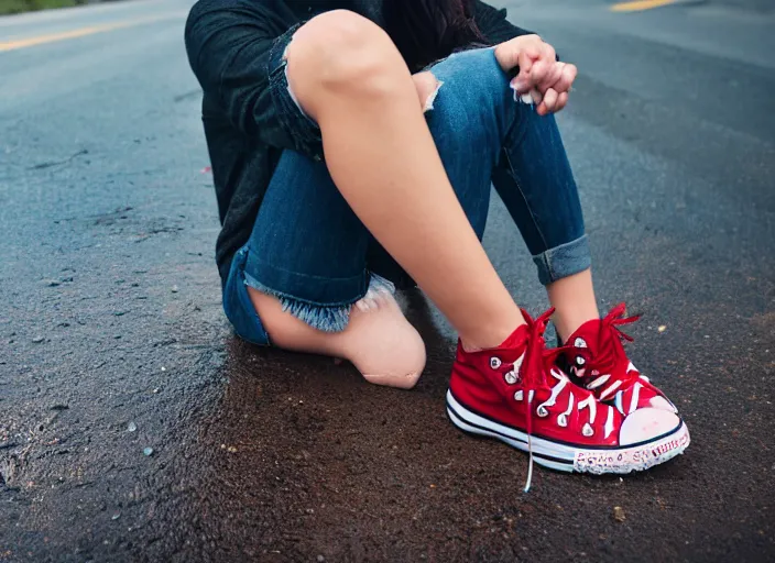 Image similar to side view of the legs of a woman sitting on the ground on a curb, very short pants, wearing red converse shoes, wet aslphalt road after rain, blurry background, sigma 8 5 mm