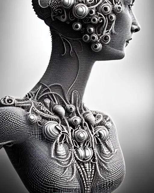 Image similar to bw 3 d render of a beautiful young female queen - cyborg - vegetal, intricate fractal ornament in the bust with a very long neck, elegant, highly detailed intricate rococo ornament in her silver long hair, realistic, refined, highly detailed, cinematic outdoor lighting, by flora borsi in the style of dora maar, volumetric lighting, hyper realistic photography