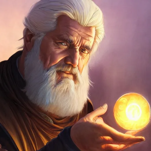 Image similar to a man with white hair and beard, wearing nomadic clothing holding a soul jar portrait, backlight, rim lighting, deep focus, d & d, fantasy, intricate, elegant, highly detailed, digital painting, artstation, concept art, matte, centered, sharp focus, illustration, hearthstone, art by artgerm, greg rutkowski and alphonse mucha