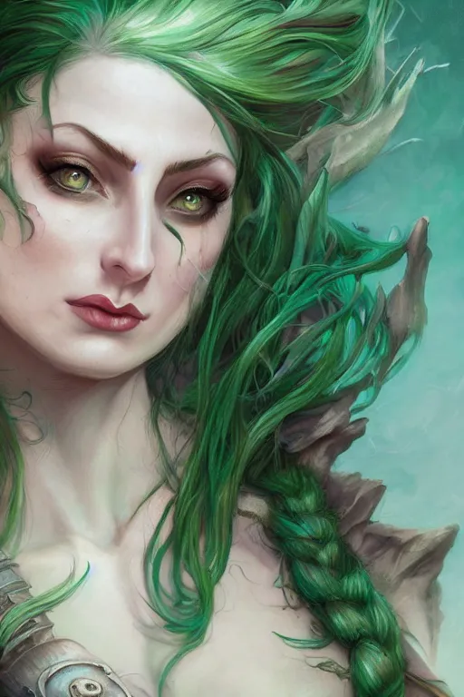 Image similar to closeup portrait shot of green hair tattooed pinup sophie turner, rogue bard, dnd, highly detailed, digital painting, artstation, concept art, soft focus, depth of field, artgerm, tomasz alen kopera, peter mohrbacher, donato giancola, wlop, boris vallejo