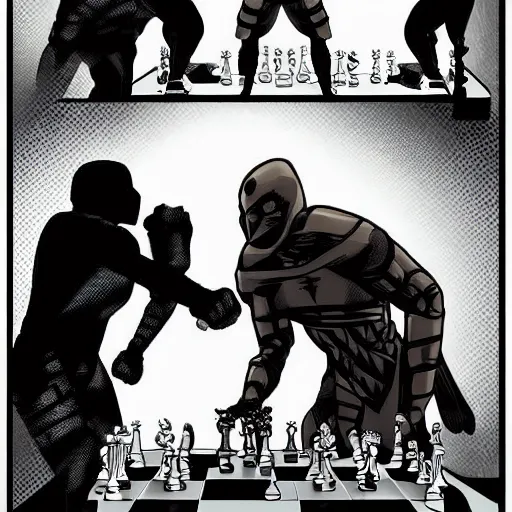Prompt: a digital art comic book illustration of a humanoid black chess pawn on the left side attacking a humanoid white chess king on the right. trending on artstation. action scene