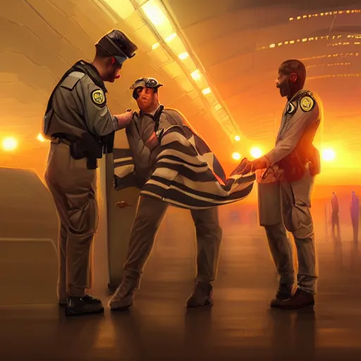 Image similar to two airport officers arresting spices, apocalyptic, dramatic, hyperdetailed, cinematic lighting, cg society, trending on art station, aesthetic