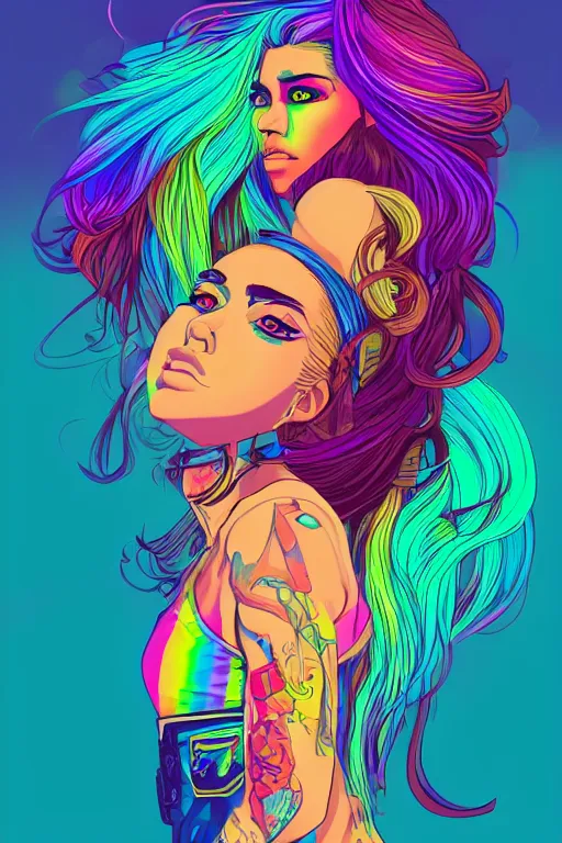 Image similar to a award winning half body portrait of a beautiful woman with stunning eyes in a printed croptop and cargo pants with rainbow colored ombre hairstyle head in motion and hair flying by josan gonzales, outrun, vaporware, shaded flat illustration, digital art, trending on artstation, highly detailed, fine detail, intricate