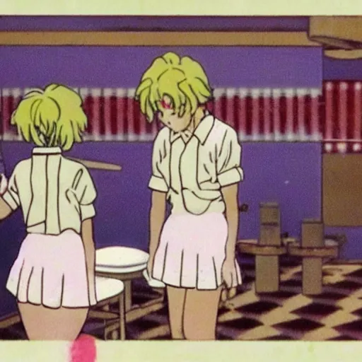 Prompt: screenshot from guro anime, 8 0's horror anime, yellowed grainy vhs footage with noise, four schoolgirls trapped in a bathroom, bathroom stalls and sinks and tiled floor, girls are in beige sailor school uniforms, one girl has white hair, detailed expressive faces, various hair colors and styles, in the style of studio ghibli,