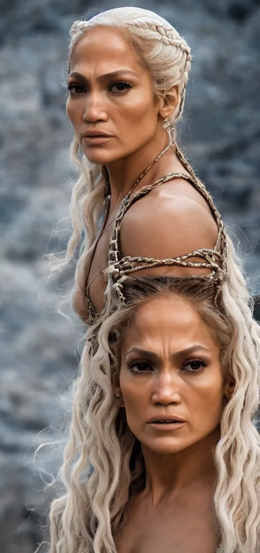 Image similar to Jennifer Lopez as Daenerys Targaryen, XF IQ4, 150MP, 50mm, F1.4, ISO 200, 1/160s, natural light