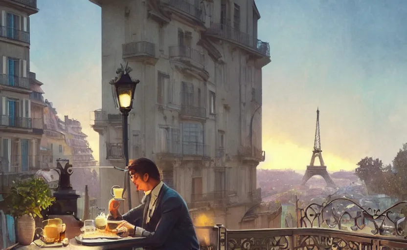 Image similar to elegant man drinking coffee at balcony in france, city with eiffel tower seen behind, late night sunset, city living, detailed characters, by greg rutkowski, alphonse mucha, beeple, sharp focus, digital art, smooth, light refraction, pixiv art, volumetric lighting, makoto shinkai